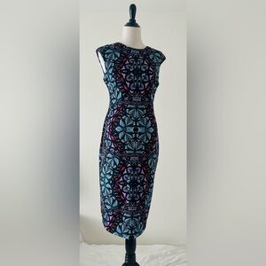 Vince Camuto 8 blue purple pink fitted cap sleeve Multicolor Patterned Dress